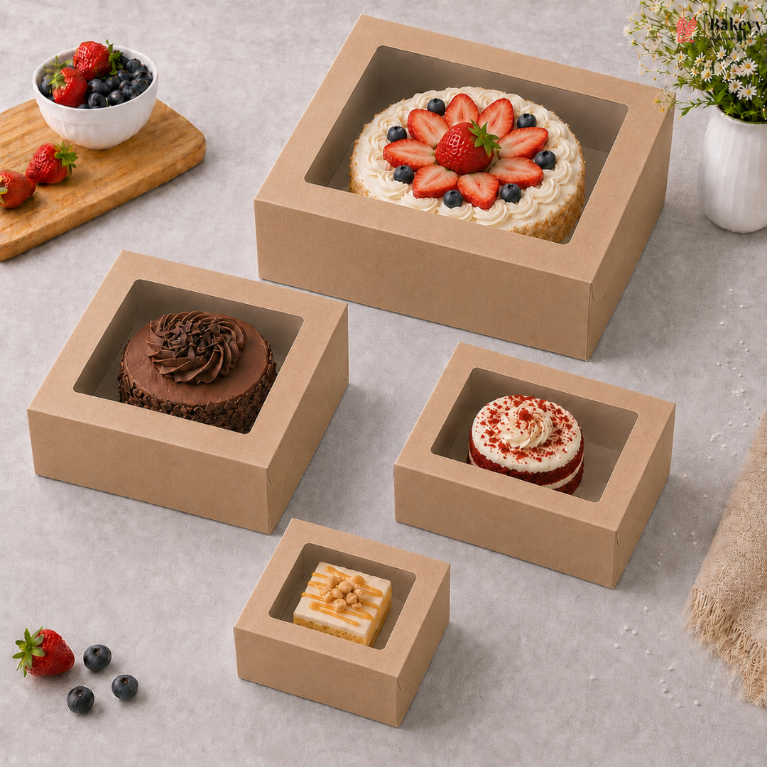 Four brown cardboard cake boxes with different types of cakes on a light gray surface.