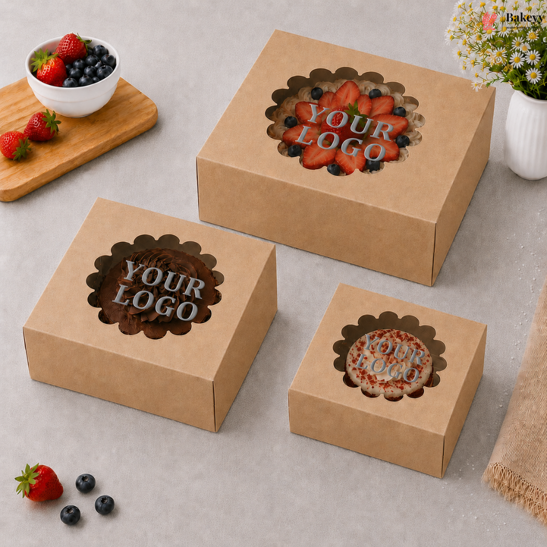 Three brown cardboard boxes with windowed tops, displaying a logo placeholder, on a light gray surface with berries and a bowl.