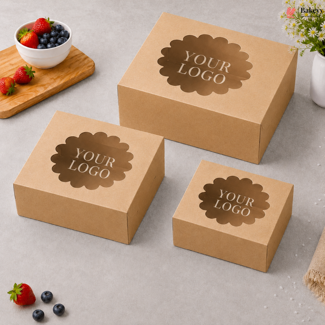 Three brown cardboard boxes with 'YOUR LOGO' printed on them, placed on a light gray surface with berries and a cutting board in the background.