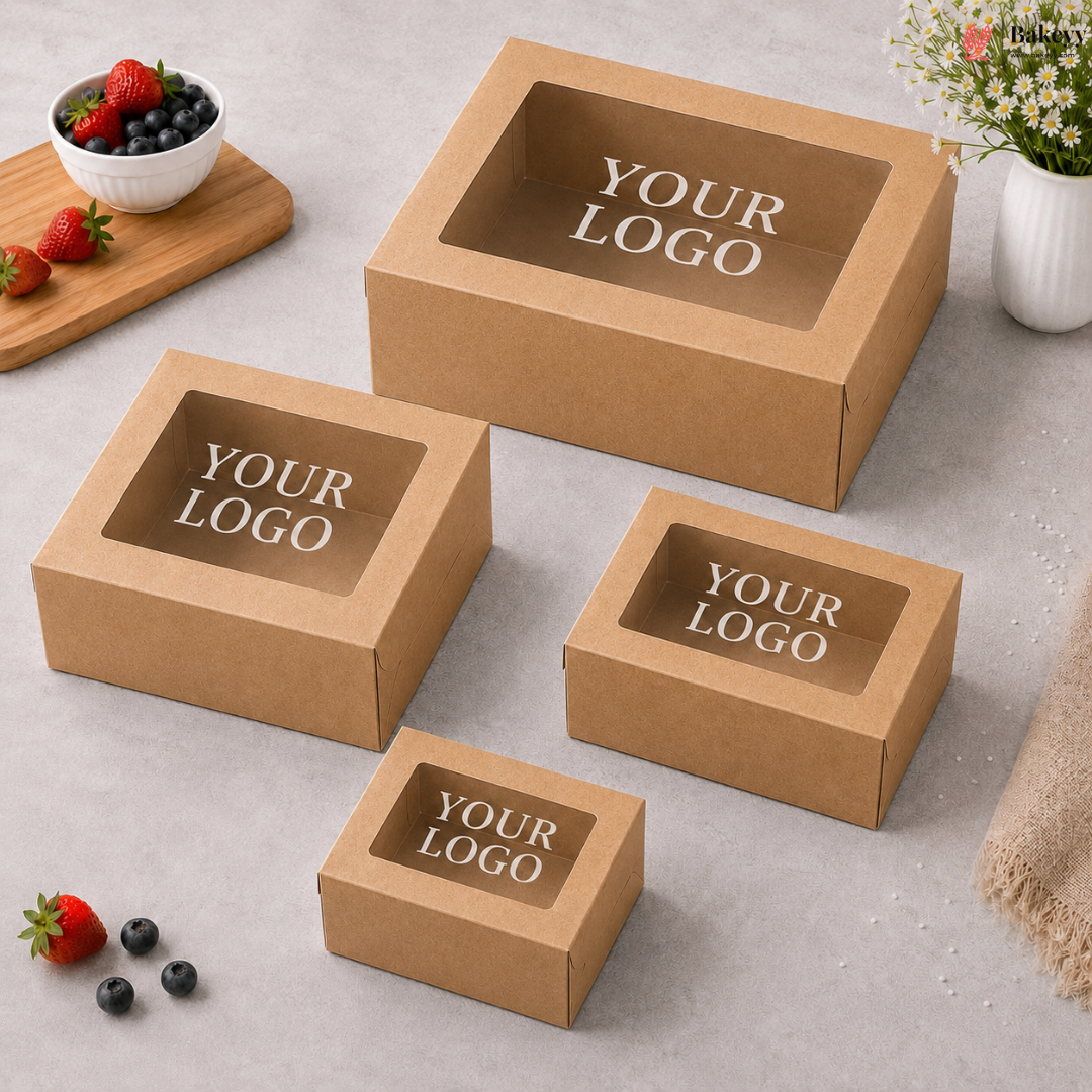 Four brown cardboard boxes with 'YOUR LOGO' printed on them, placed on a light gray surface.