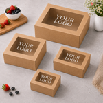 Four brown cardboard boxes with 'YOUR LOGO' printed on them, placed on a light gray surface.