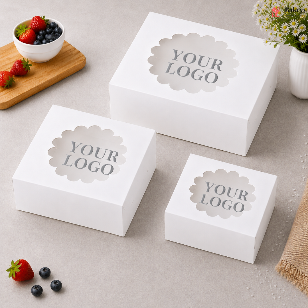 White boxes with 'YOUR LOGO' printed on them, placed on a light surface with fruits and flowers.