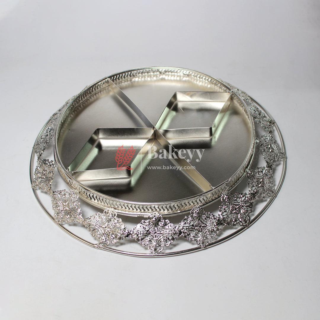 Luxurious Round Metal Serving Tray with Elegant Floral Design | Luxurious Silver-Plated Metal Dry Fruit Tray - Bakeyy.com - India - Luxurious Round Metal Serving Tray with Elegant Floral Design | Luxurious Silver-Plated Metal Dry Fruit Tray - Default Title