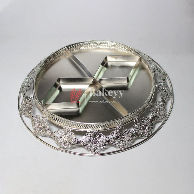 Luxurious Round Metal Serving Tray with Elegant Floral Design | Luxurious Silver-Plated Metal Dry Fruit Tray - Bakeyy.com - India - Luxurious Round Metal Serving Tray with Elegant Floral Design | Luxurious Silver-Plated Metal Dry Fruit Tray - Default Title