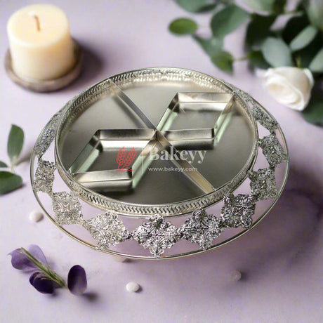 Luxurious Round Metal Serving Tray with Elegant Floral Design | Luxurious Silver-Plated Metal Dry Fruit Tray - Bakeyy.com - India - Luxurious Round Metal Serving Tray with Elegant Floral Design | Luxurious Silver-Plated Metal Dry Fruit Tray - Default Title