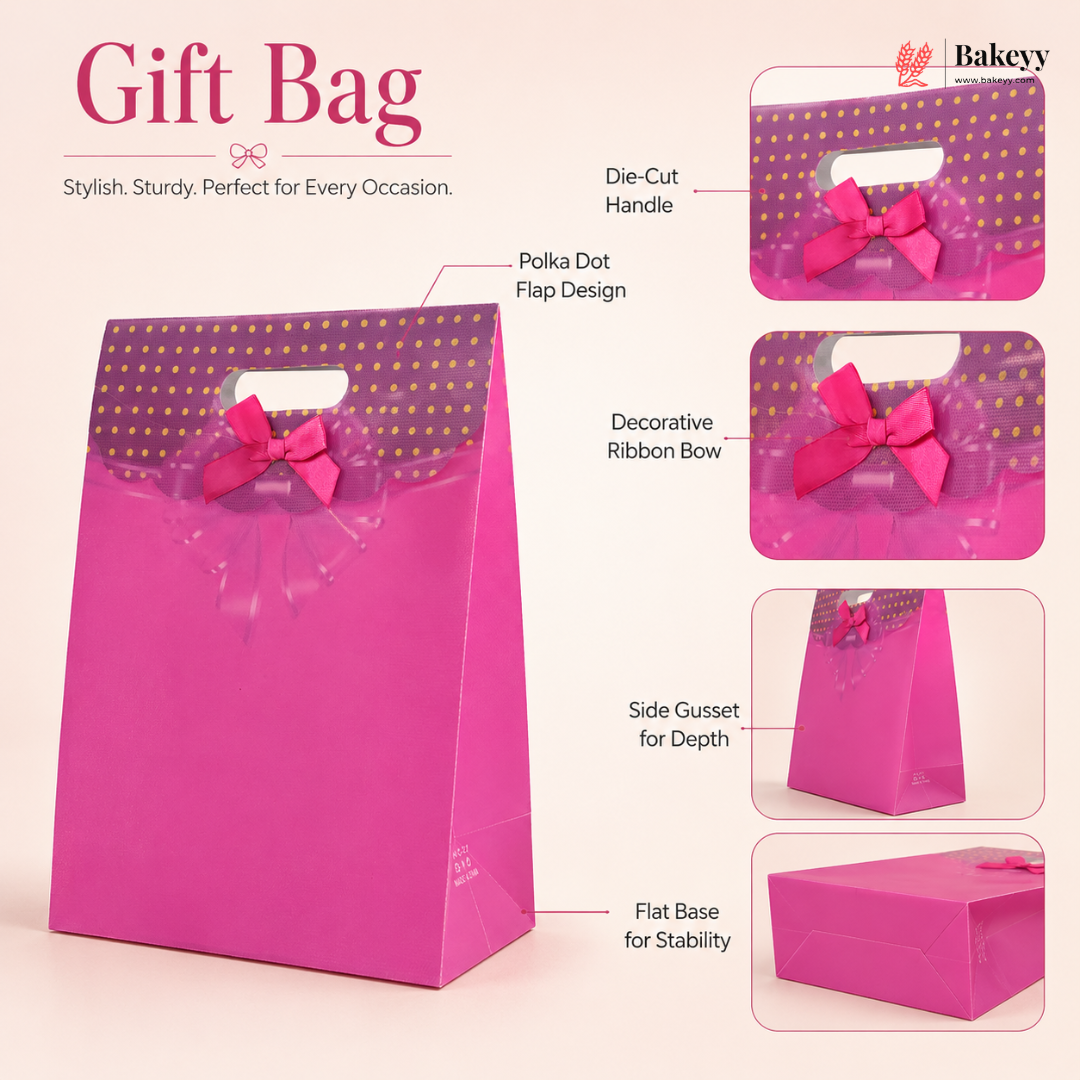 Pink gift bag with decorative bow and features highlighted on a beige background