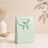 Light blue gift bag with a bow on a beige background, featuring the brand 'Bakeyy'.