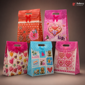 Five colorful gift bags with heart designs on a brown background