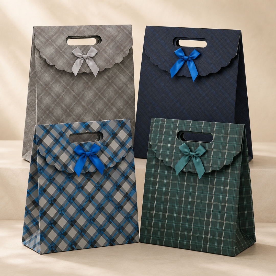 Four decorative paper gift bags with plaid patterns and ribbons on a beige background