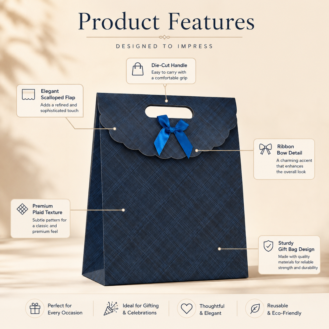 Blue gift bag with features highlighted on a beige background
