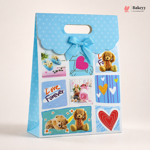 Gift bag with teddy bears, hearts, and photos on a light blue background