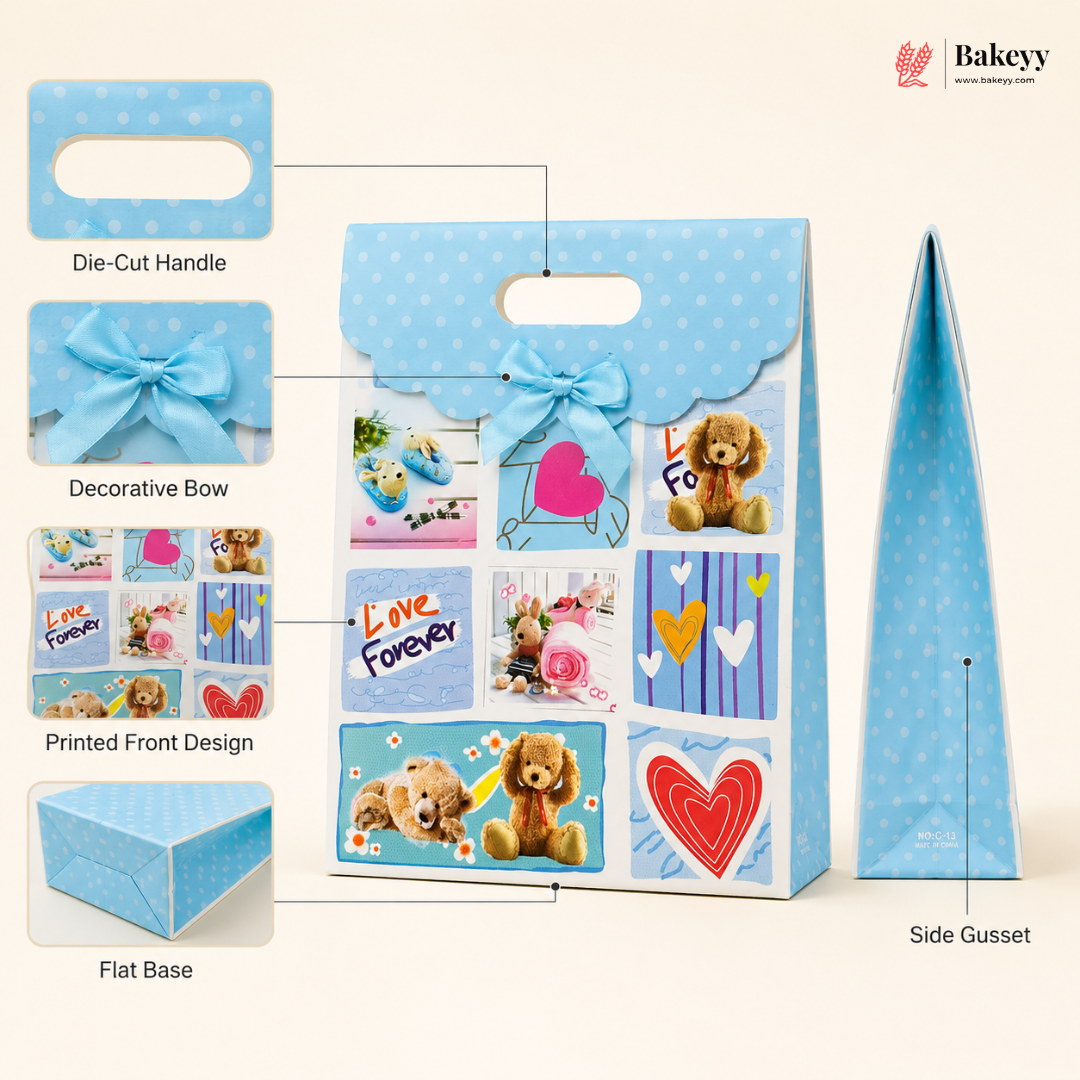 Blue gift bag with decorative elements and printed front design on a beige background, featuring the Bakey brand.