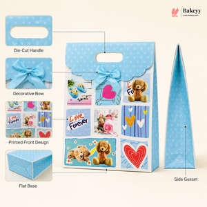 Blue gift bag with decorative elements and printed front design on a beige background, featuring the Bakey brand.