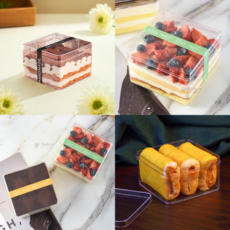 D69, D62 | Clear Square Plastic Dessert Container with Lid | Transparent Packaging Box | Pack of 6