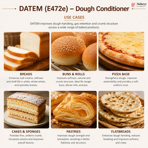 Advertisement for DATEM (E472e) dough conditioner with images of baked goods and text on use cases.