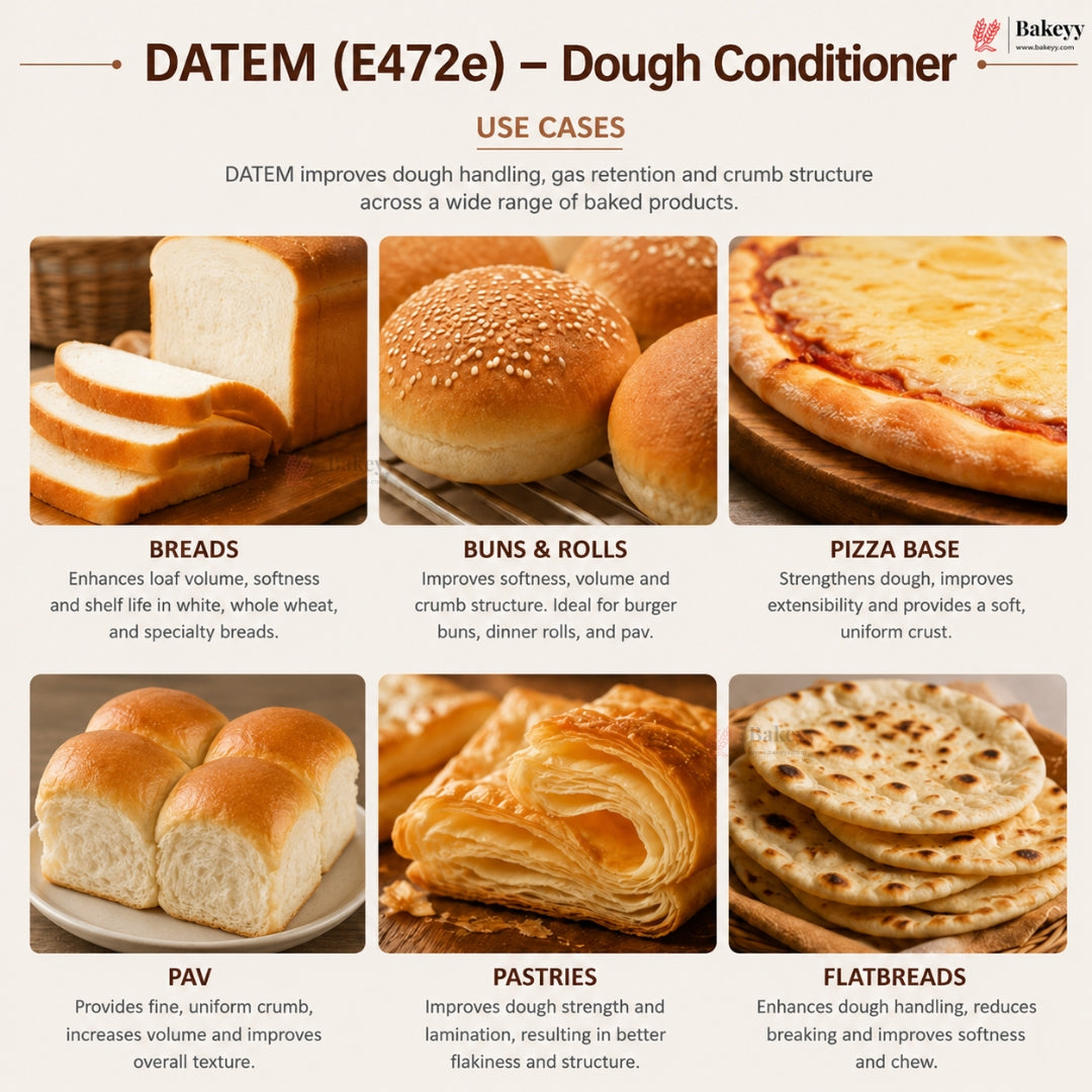 Promotional image for DATEM (E472e) dough conditioner with images of baked goods and text about its use cases.