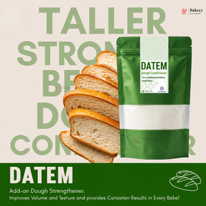 Green Datem dough conditioner packaging with sliced bread on a beige background