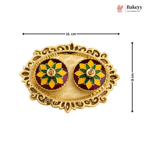 Gold earrings with floral designs on a white background, featuring dimensions.