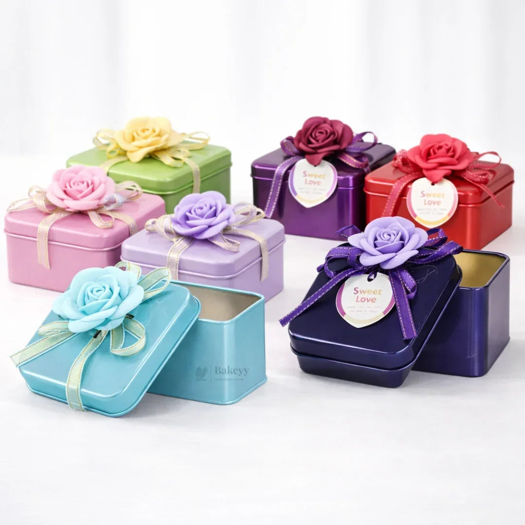 Colorful decorative metal tin gift boxes with ribbon and rose flower, Bakeyy packaging supplies