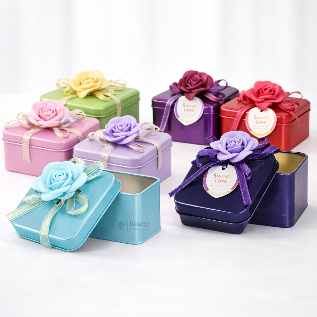 Decorative Metal Tin Box with Ribbon | Assorted Colors & Designs | Pack of 6