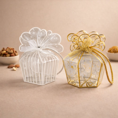 Decorative PVC Goodie Box with Matching Handle & Organza Ribbon | Premium Gift & Favor Packaging | Available in 2 Colors | Pack of 10