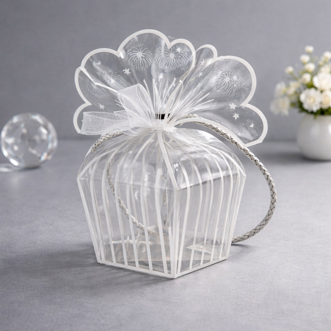 Decorative PVC Goodie Box with Matching Handle & Organza Ribbon | Premium Gift & Favor Packaging | Available in 2 Colors | Pack of 10