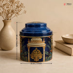 Decorative blue container with gold accents on a beige surface, featuring measurements and the brand 'Bakeey'.