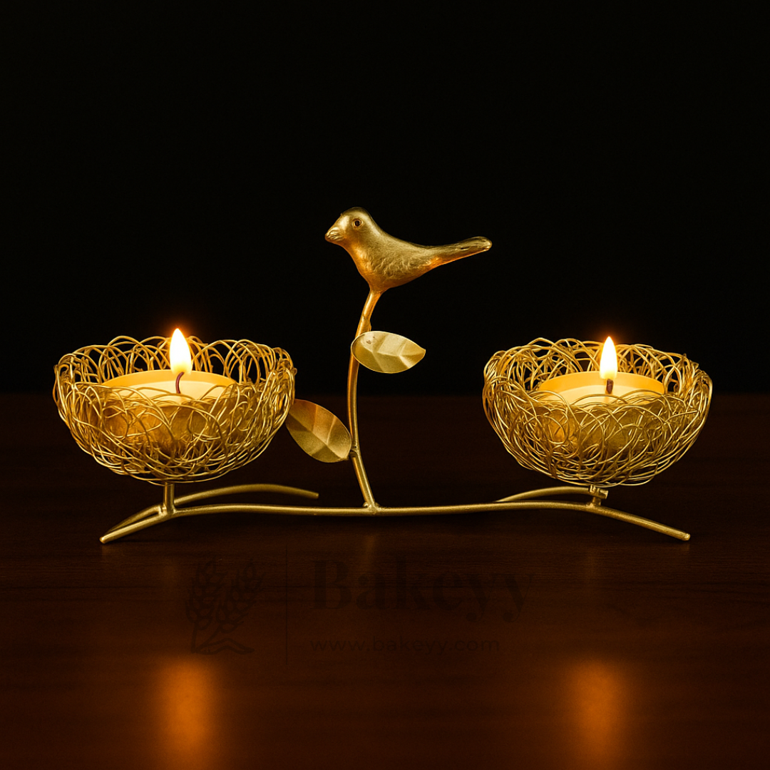 Decorative candle holder with two lit candles and a bird figurine on a dark background