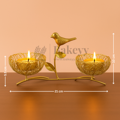 Decorative candle holder with bird design and dimensions on a peach background