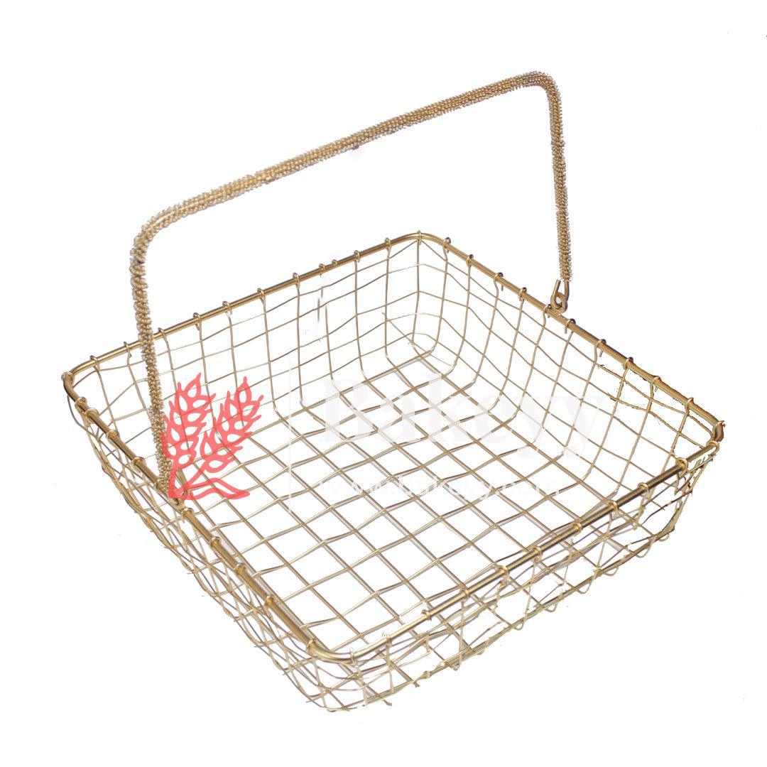 Decorative Gold Metal Hamper Basket For Gifting Square with Handle - Bakeyy.com - India - Decorative Gold Metal Hamper Basket For Gifting Square with Handle - Small