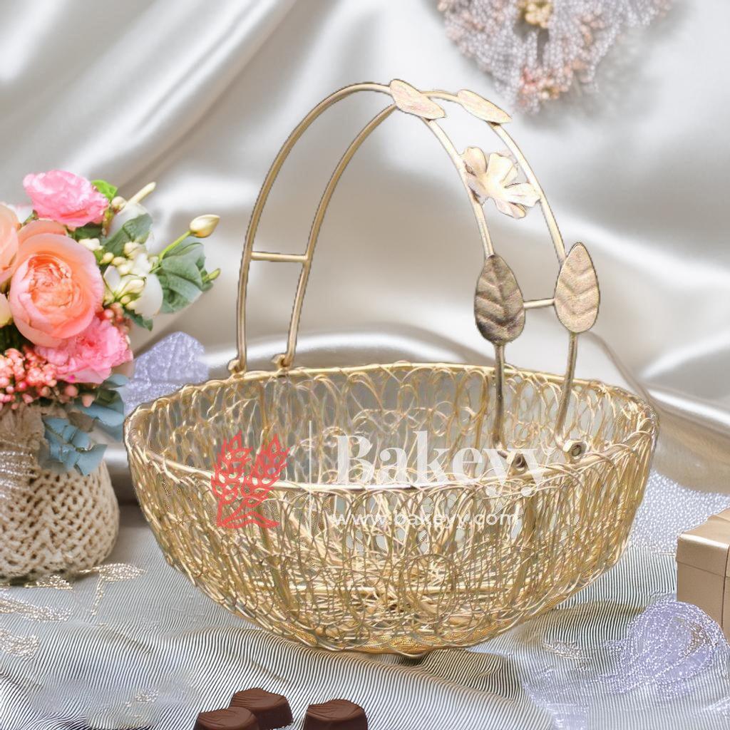 Bucket Shape Round Decorative Gold Metal Hamper Basket For Gifting - Bakeyy.com - India - Bucket Shape Round Decorative Gold Metal Hamper Basket For Gifting - Medium - 8 Inch