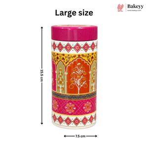 A large decorative cylindrical container with a bright pink lid and ornate multicolor patterned body, shown on a white background with dimension arrows indicating 15.5 cm height and 7.