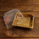 Golden Square PET Dessert Container with Gold and Black Base | Pack of 50