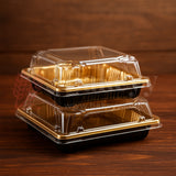 Golden Square PET Dessert Container with Gold and Black Base | Pack of 50