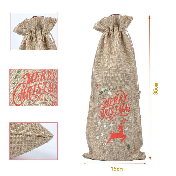 WINE Bottle Jute Bag Christmas Design | PACK OF 10 | Potli Bag | Gift Bag - Bakeyy.com - India - WINE Bottle Jute Bag Christmas Design | PACK OF 10 | Potli Bag | Gift Bag - Natural jute colour