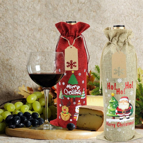 WINE Bottle Jute Bag Christmas Design | PACK OF 10 | Potli Bag | Gift Bag - Bakeyy.com - India - WINE Bottle Jute Bag Christmas Design | PACK OF 10 | Potli Bag | Gift Bag - Wine red