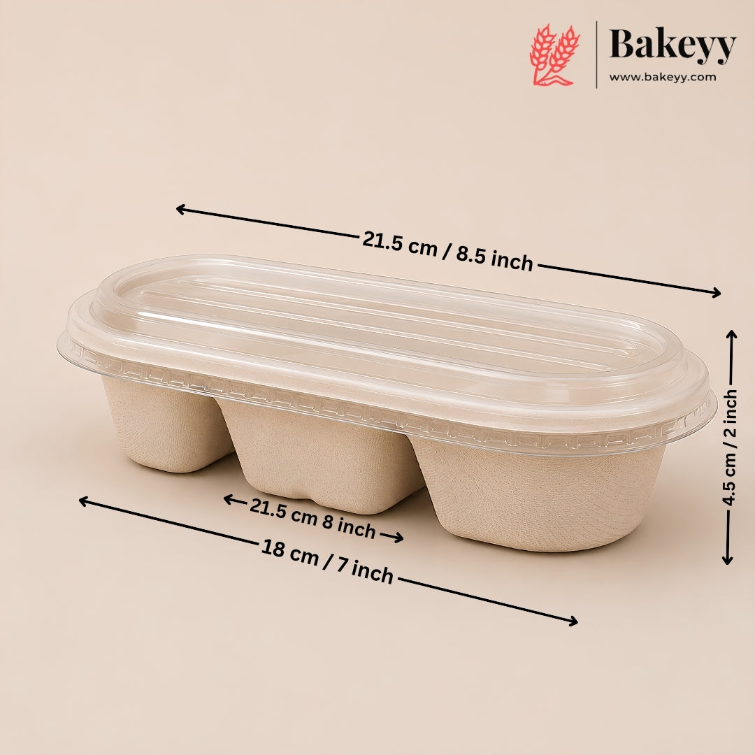 A three-compartment paper food tray with a clear plastic lid, shown on a beige background with black dimension arrows and labels indicating 21.5 cm by 18 cm by 4.