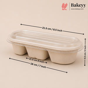 A three-compartment paper food tray with a clear plastic lid, shown on a beige background with black dimension arrows and labels indicating 21.5 cm by 18 cm by 4.