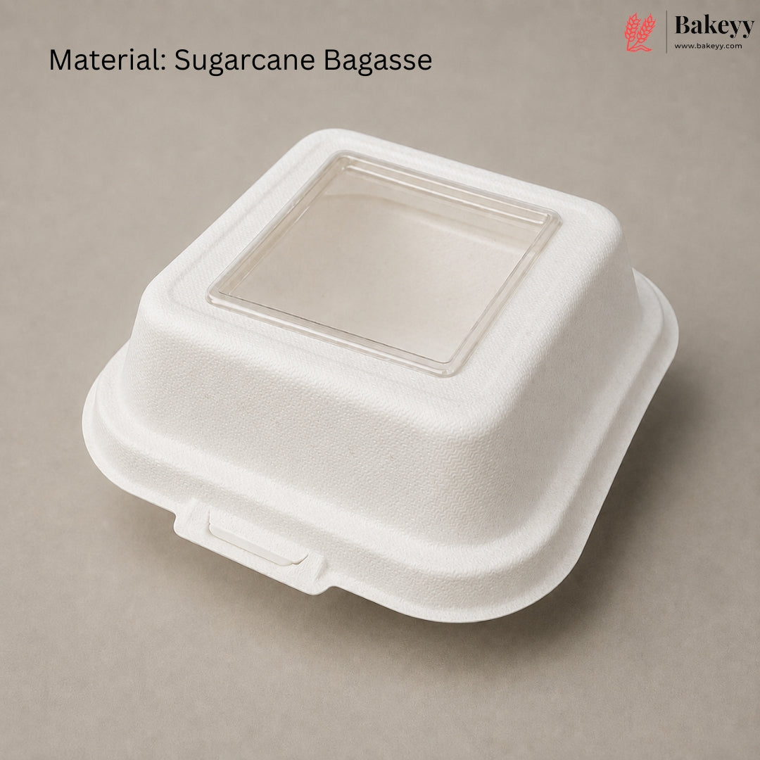 A square white sugarcane bagasse container with a clear plastic window on top, shown on a neutral beige background with text reading 'Material: Sugarcane Bagasse' and a Bakeey logo in the top right.