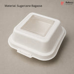 A square white sugarcane bagasse container with a clear plastic window on top, shown on a neutral beige background with text reading 'Material: Sugarcane Bagasse' and a Bakeey logo in the top right.