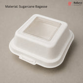 A square white sugarcane bagasse container with a clear plastic window on top, shown on a neutral beige background with text reading 'Material: Sugarcane Bagasse' and a Bakeey logo in the top right.