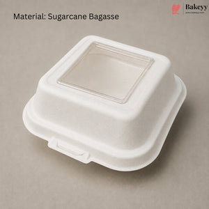 A square white sugarcane bagasse container with a clear plastic window on top, shown on a neutral beige background with text reading 'Material: Sugarcane Bagasse' and a Bakeey logo in the top right.