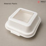 A white textured plastic food container with a clear square window on top, shown on a neutral gray background with 'Material: Plastic' text and a Bakeey logo in the upper right.