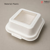A white textured plastic food container with a clear square window on top, shown on a neutral gray background with 'Material: Plastic' text and a Bakeey logo in the upper right.