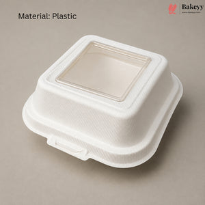 A white textured plastic food container with a clear square window on top, shown on a neutral gray background with 'Material: Plastic' text and a Bakeey logo in the upper right.