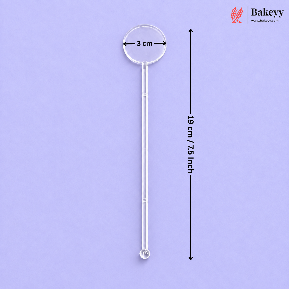 A clear plastic or silicone whisk attachment with a circular loop at the top and a long handle, shown on a light purple background with dimension labels indicating 3 cm loop diameter and 18 cm / 7.5 inch total length.
