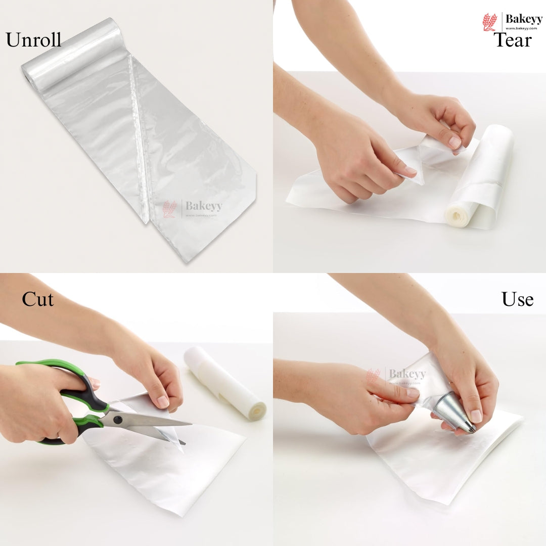 Step-by-step guide on how to use a roll of baking paper with text labels.