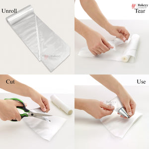 Step-by-step guide on how to use a roll of baking paper with text labels.