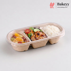 A clear plastic three-compartment bento box with a transparent lid, shown on a light gray background. The compartments contain white rice, grilled chicken, and a small salad with fruit.