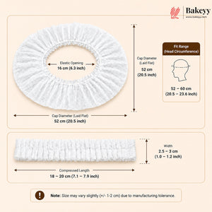 A size and fit chart for a white elastic hair cap by Bakeey, showing the elastic opening, cap diameter in both laid-flat and fitted measurements, compressed length, and width with a small head-circumference diagram.